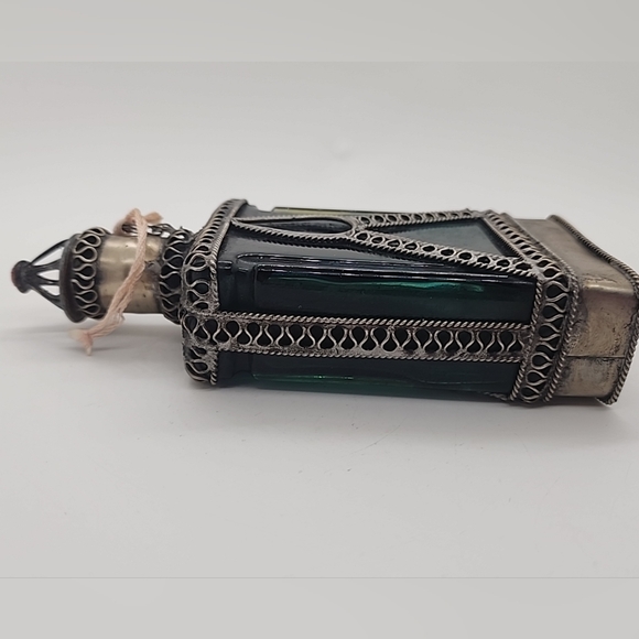 Vintage pair of Moroccan Perfume Bottles Cobalt Blue & green Glass Silver Plated - Picture 11 of 16